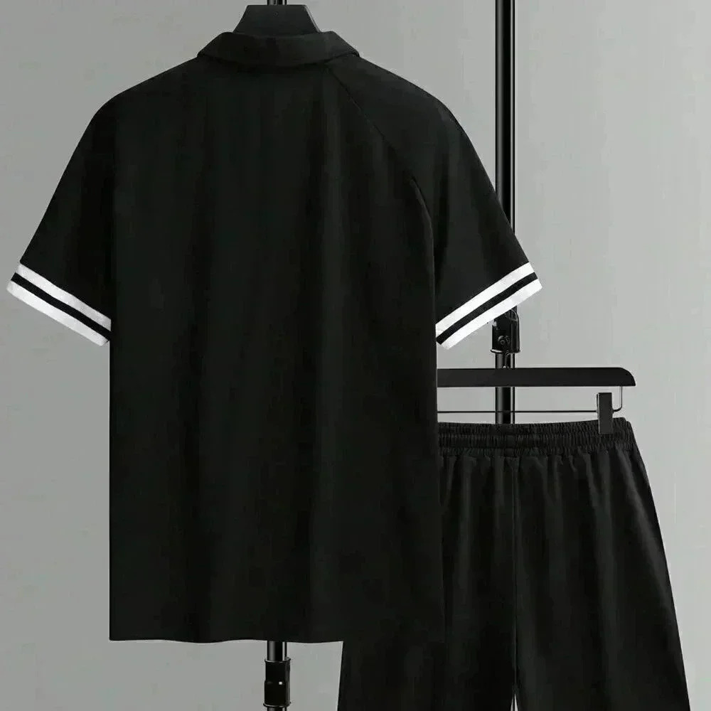 Black Casual Men Striped Trim Polo Shirt & Shorts - Picture 2 of 4